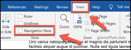 Aktivace navigačního podokna v aplikaci Microsoft Word