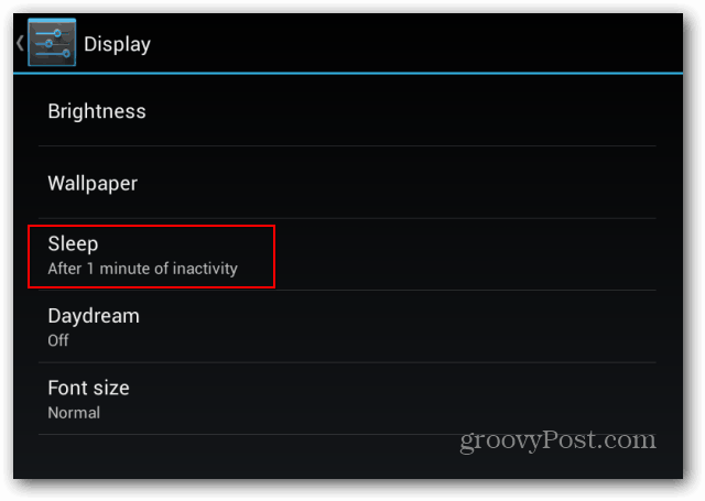 Nastavení uzamčení obrazovky Goggle Nexus 7 zobrazuje neaktivitu spánku