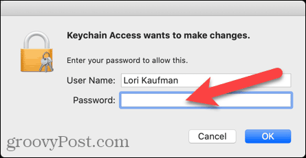 Zadejte uživatelské jméno a heslo pro Keychain Access