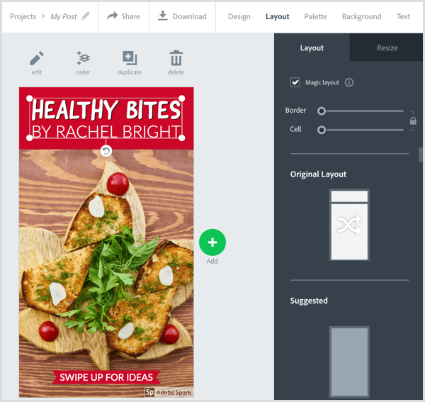 Vyberte rozložení v aplikaci Adobe Spark Post.