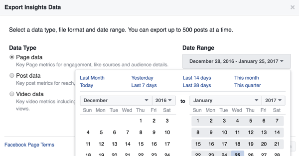 Můžete změnit časové období pro data z Facebook Insights, které stahujete.