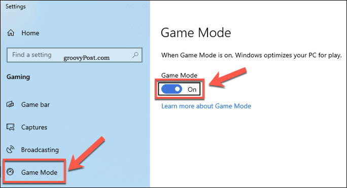 Nastavení systému Windows Nabídka herního režimu