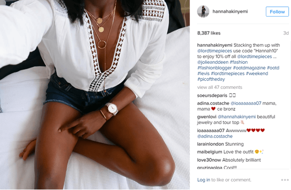 Model Hannah Akinyemi obsahuje hodinky od Lord Timepieces spolu se slevovým kódem na Instagramu.