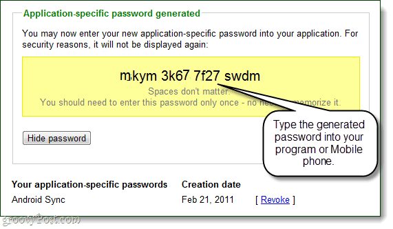 heslo pro konkrétní aplikaci vygenerované společností Google pro váš účet