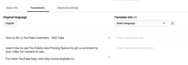 Na kartě Překlady videa YouTube zadejte přeložený název a popis.