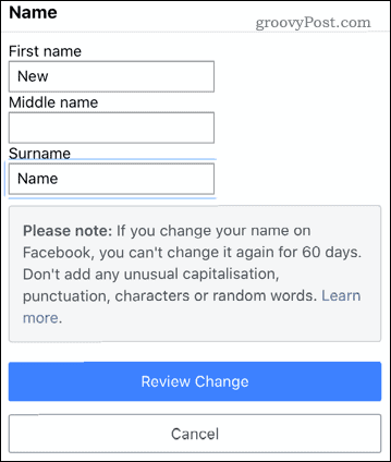 Úpravy názvu v mobilní aplikaci Facebook