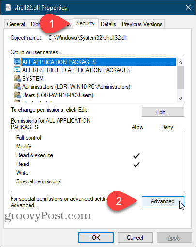 Klepněte na tlačítko Upřesnit v dialogovém okně Vlastnosti v Editoru registru systému Windows