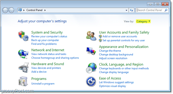 Windows 7 ovládací panel v zobrazení kategorií