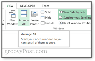 uspořádat okna kachlová svisle kaskáda v Excelu 2013