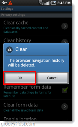 potvrďte vymazání historie navigace v prohlížeči telefonu Android