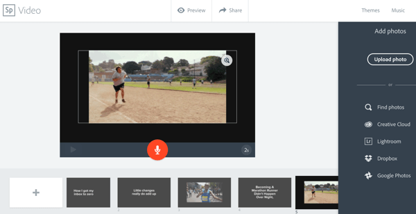 V aplikaci Adobe Spark můžete vybrat šablonu a přizpůsobit ji textům, obrázkům a videoklipům.