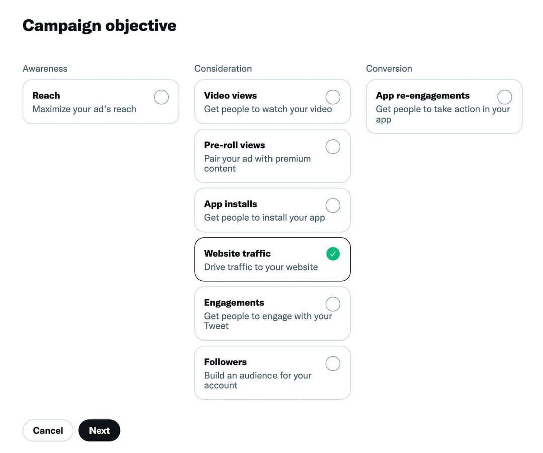jak-vybrat-cíl-kampaně-a-cíl-reklamní-sestavy-pomocí úvahy-twitter-pixel-web-web-provoz-příklad-17