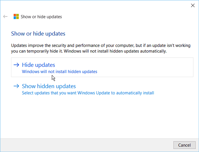 Skrýt nástroj aktualizace systému Windows 10