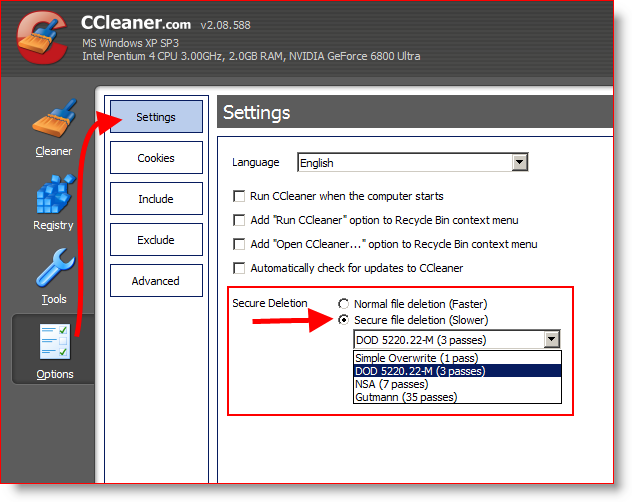 Nakonfigurujte CCleaner tak, aby bezpečně vymazal a smazal soubory 3krát nebo DOD 5220.22-M