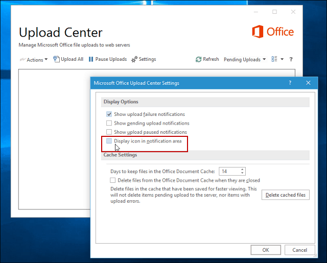 Možnosti zobrazení střediska Microsoft Office Upload Center