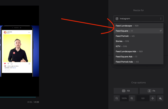 v aplikaci Clideo Online Video Resizer vyberte čtvercový formát