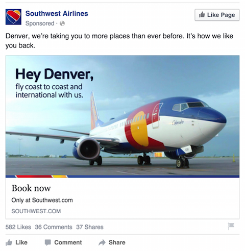 facebooková reklama jihozápadních leteckých společností