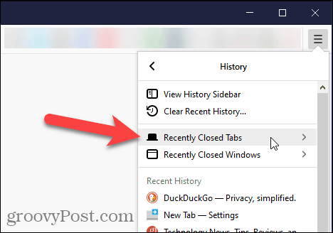 V prohlížeči Firefox vyberte položku Nedávno uzavřené karty