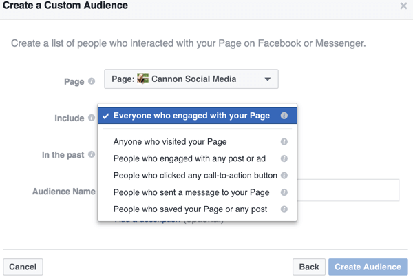 Jak zúžíte možnosti svého vlastního publika na Facebooku, najdete konkrétní způsoby, jak definovat publikum, na které chcete cílit, například tyto interakce specifické pro stránku.