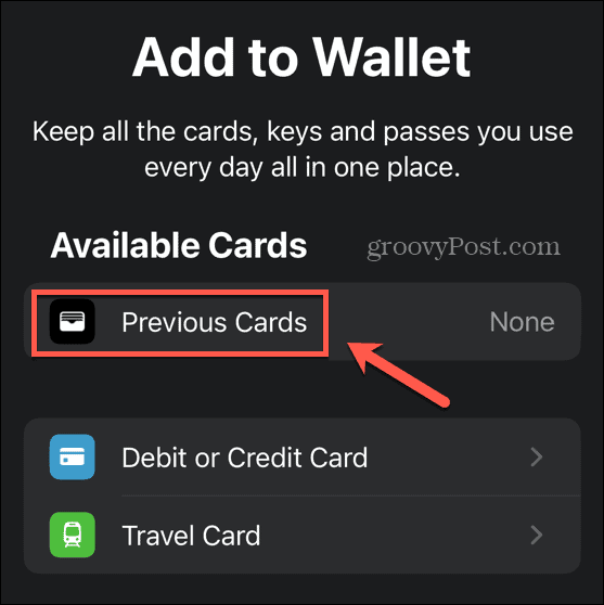 předchozí karty aplikace peněženka
