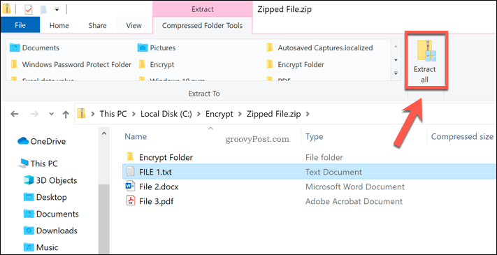 Tlačítko extrahovat vše v souboru Windows Zip