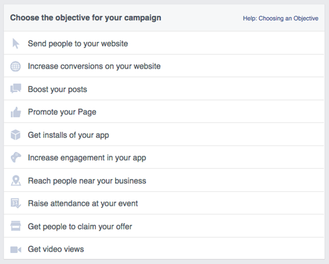 cíle reklamní kampaně na facebooku