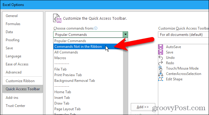V rozevíracím seznamu Možnosti dialogového okna Excel vyberte příkazy Ne
