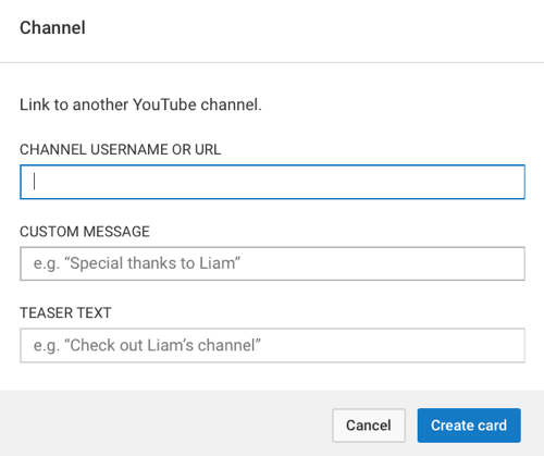 Různé typy karet YouTube budou požadovat různé informace, ale všechny budou vyžadovat krátký text ukázky.