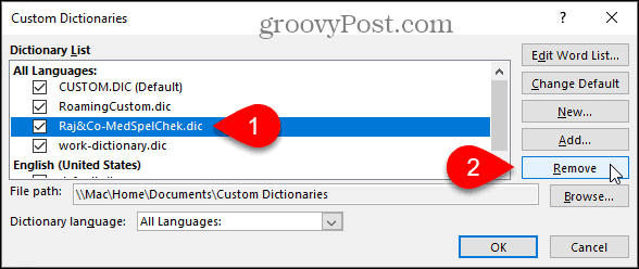 Odebrat vlastní slovník v aplikaci Word
