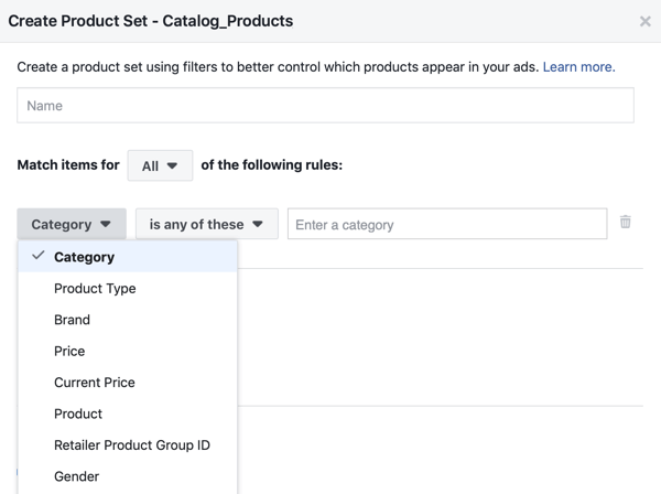 Pomocí nástroje Facebook Event Setup Tool, krok 28, možnost nabídky Facebook, použijte filtry, na které se produkty zobrazují zákazníkům