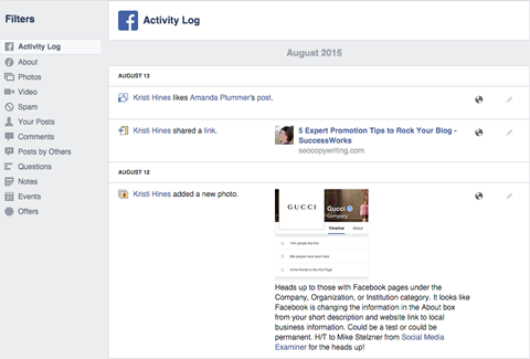 protokol aktivity na facebookové stránce