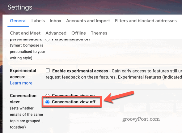 Zakázat zobrazení konverzace v nastavení Gmailu