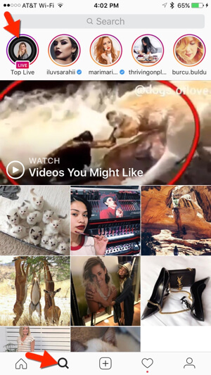Instagram také zobrazuje aktuální živá videa na kartě Prozkoumat.