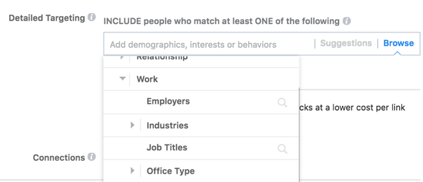 Facebook nabízí podrobné možnosti cílení na základě práce vašeho publika.