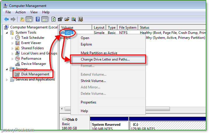 použijte funkci správy disků k zadání dialogového okna pro změnu jednotky v systému Windows 7