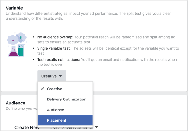 Vyberte umístění jako proměnnou, kterou chcete otestovat pomocí testu rozdělení Facebooku
