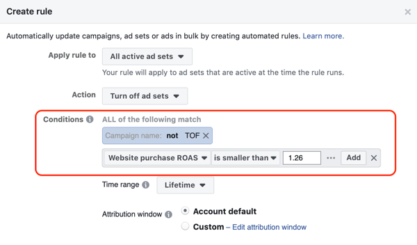 Použijte automatická pravidla Facebooku, zastavte nastavení reklam, když ROAS klesne pod minimum, krok 3, nastavení podmínek