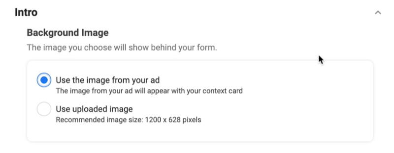 Reklamy na facebooku vytvářejí novou možnost formuláře pro potenciální zákazníky, kteří používají obrázek na pozadí, přičemž je vybrán obrázek z vaší reklamy