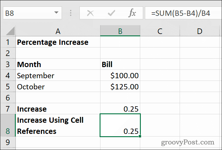 Příklad zvýšení procenta v aplikaci Microsoft Excel