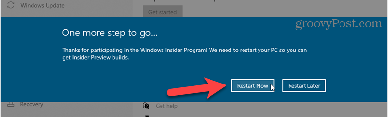 Restartováním dokončíte registraci k sestavení programu Windows Insider