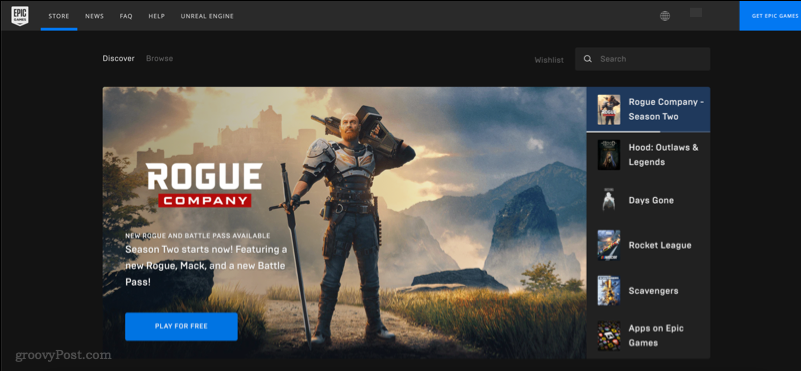Screenshot zobrazující web Epic Games Store