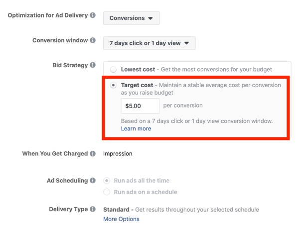 Tipy, jak snížit své náklady na reklamu na Facebooku, možnost nastavit strategii nabídek tak, aby cílovala cenu