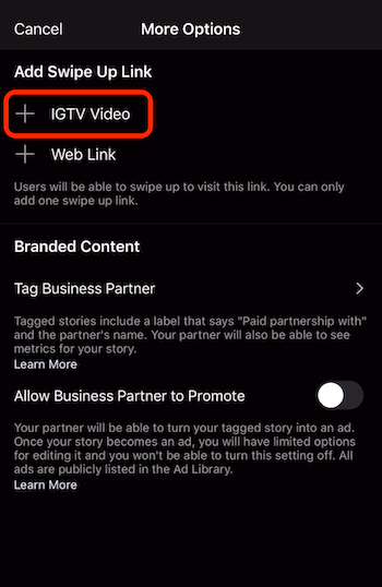 možnost přidat prstem nahoru odkaz na video IGTV