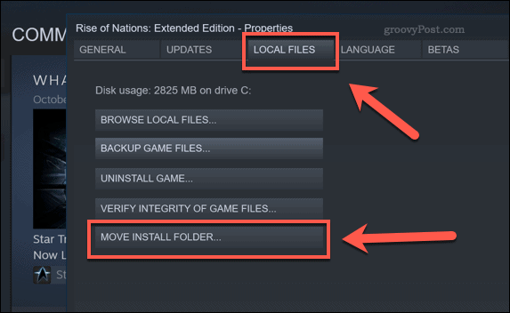 Volitelné tlačítko Steam Move Install Folder