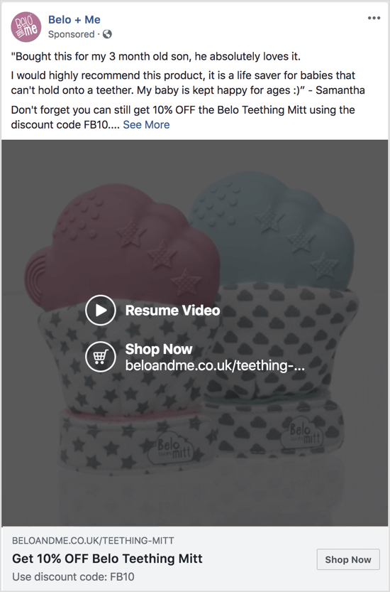 Tato reklama na Facebooku používá prezentační video k propagaci slevy na konkrétní produkt.