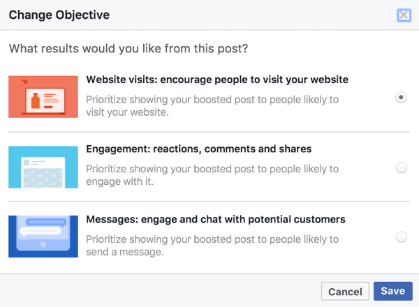 Objektivní možnosti pro vylepšené příspěvky jsou založeny na médiích použitých ve vašem příspěvku na Facebooku.