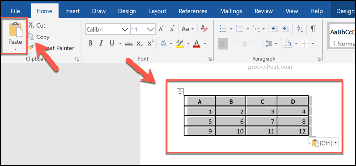 Vložené buňky z tabulky aplikace Excel zobrazené jako tabulka v aplikaci Word