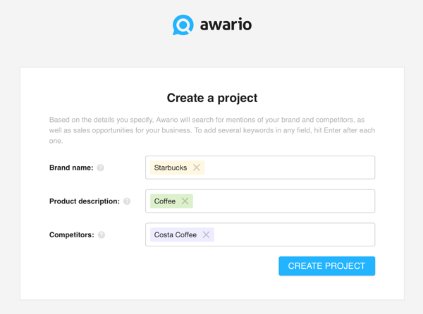 Jak používat Awario k poslechu na sociálních médiích, krok 1 vytvořte projekt.