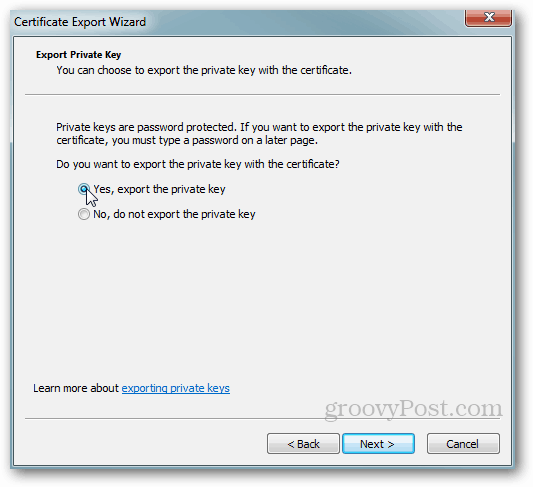 Export certifikátů systému Windows - soukromý klíč Ano