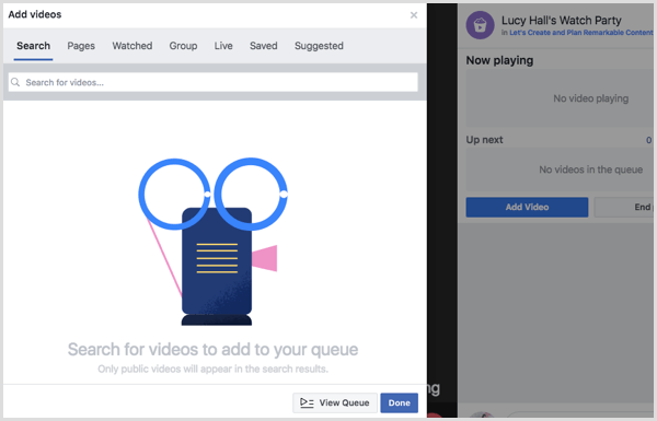 Vyberte zdroj, do kterého chcete přidat videa do fronty sledovacích večírků na Facebooku.